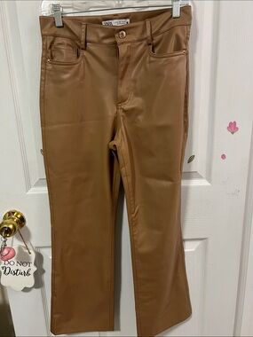 Zara Faux Leather Wide-Leg Jeans in Camel Brown